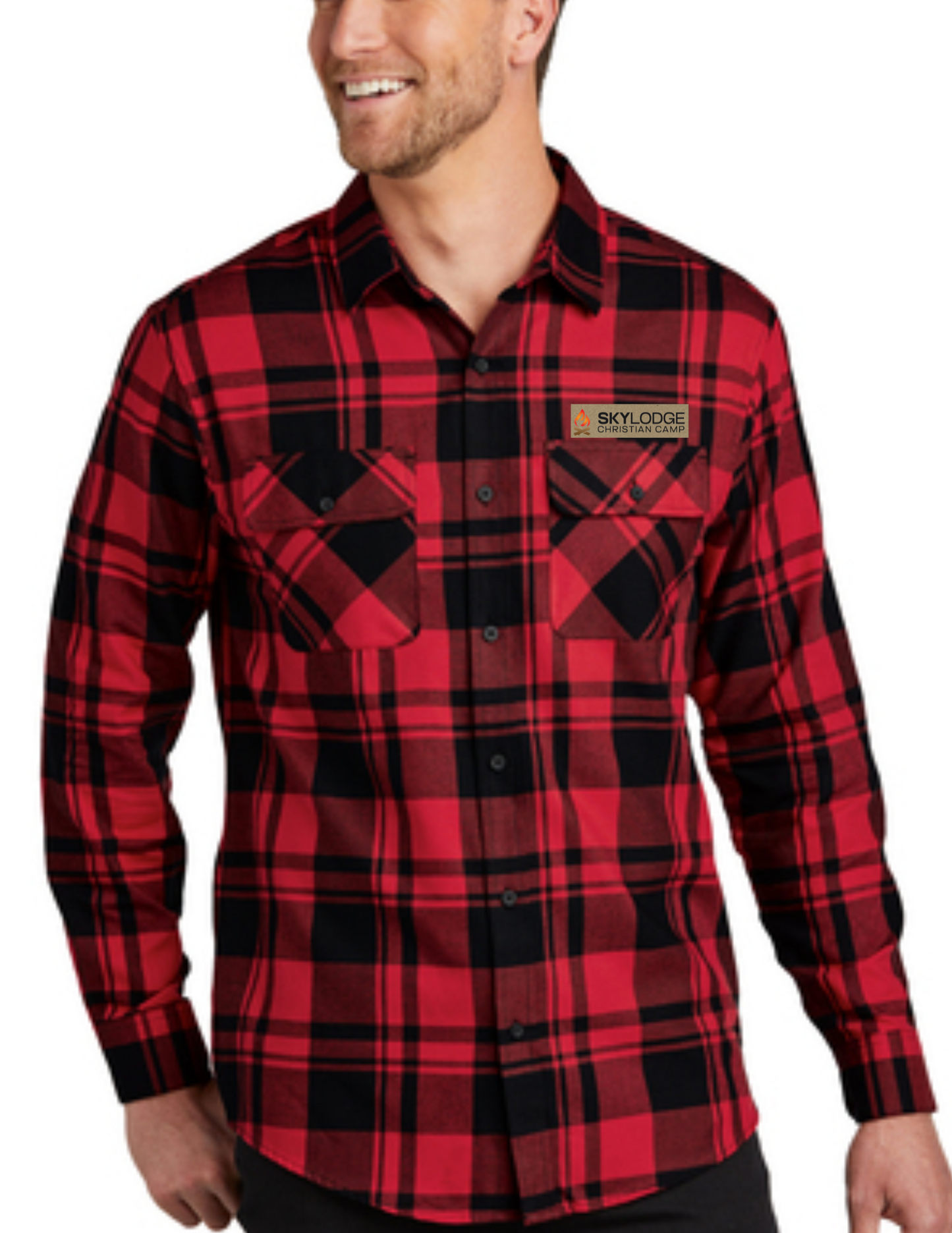 Sky Lodge Flannel- Engine Red with Leatherette logo patch