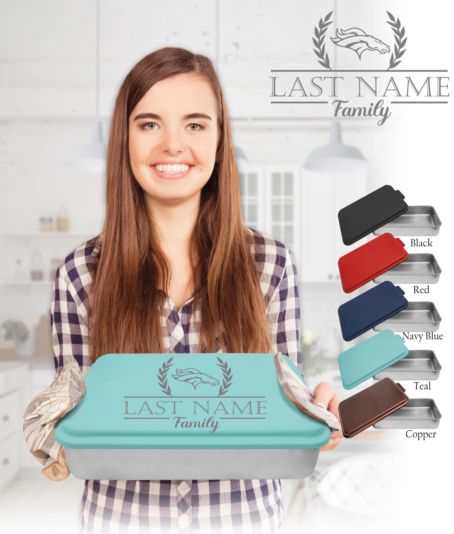 13x9 Engraved Baking Pan with Lid- Bronco Monogram- Choose Local Pick up all items will be delivered to the school.