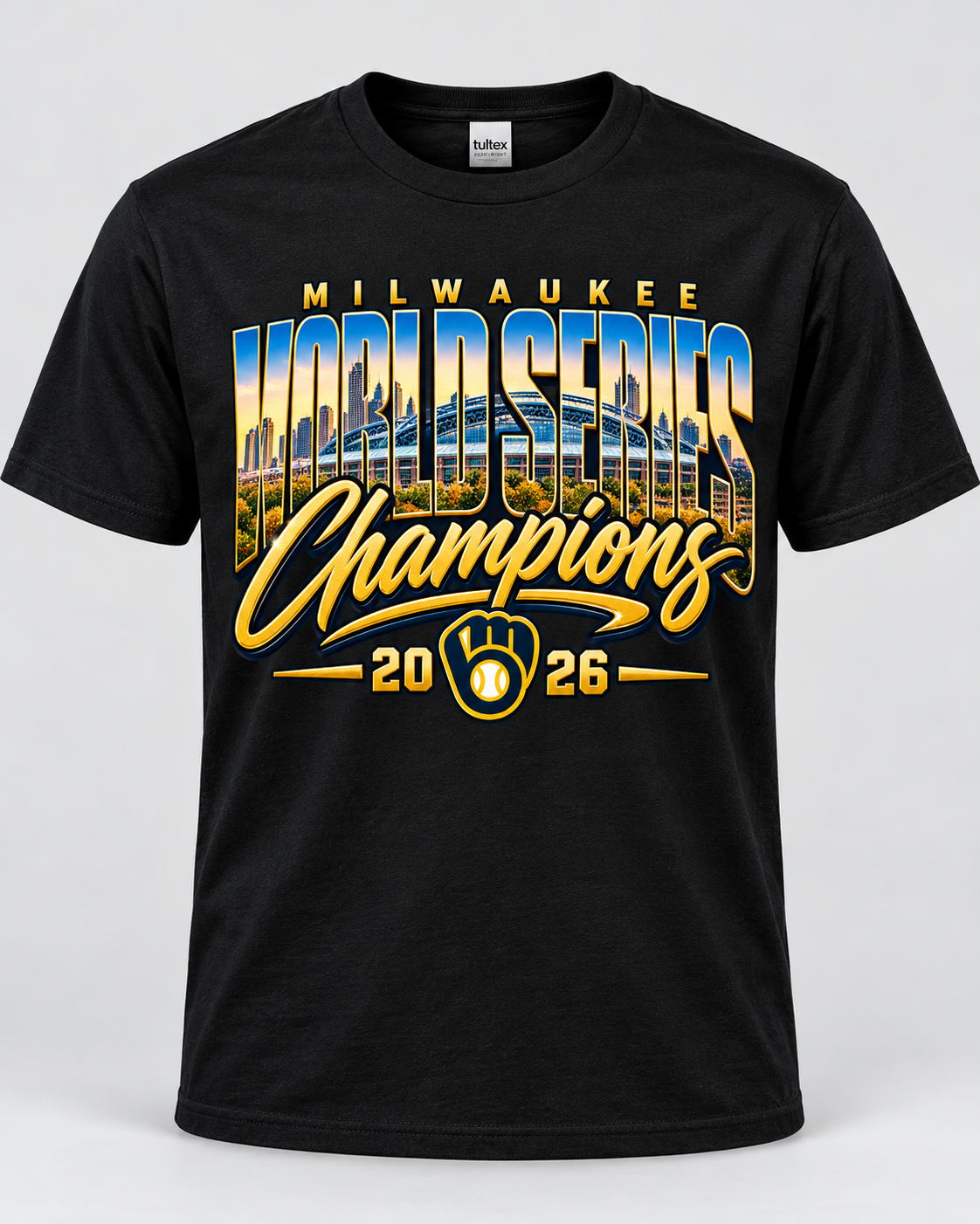 Milwaukee skyline championship design on black T-shirt